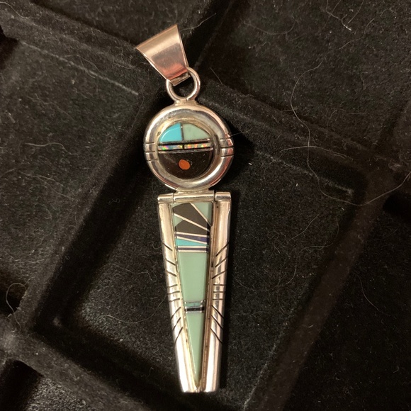 Native American Jewelry - Native American Kachina Multi Stone Inlay Sterling Silver Pendant Vintage